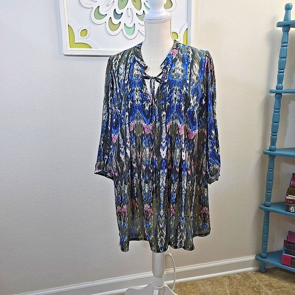 Signature Studio Tunic Womens Plus Size 1X Black Blue Multicolor Abstract Print